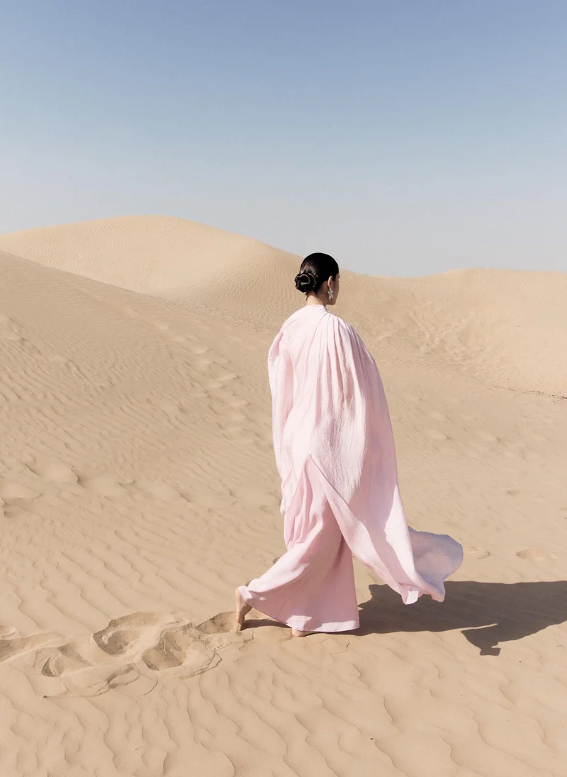 Lichi  Textured maxi dress with asymmetrical draping and cape for Women | Best Price UAE